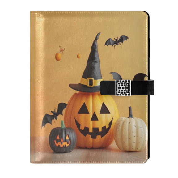 9.2x6.7 inch Leather Notebook 100 Sheets, Multi-Pocket Design & Pen Loop Halloween Pumpkins with Witch Hat Refillable Journal Organizer