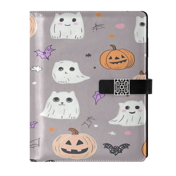 9.2x6.7 inch Leather Notebook 100 Sheets, Multi-Pocket Design & Pen Loop Halloween and Ghost Icons Refillable Journal Organizer