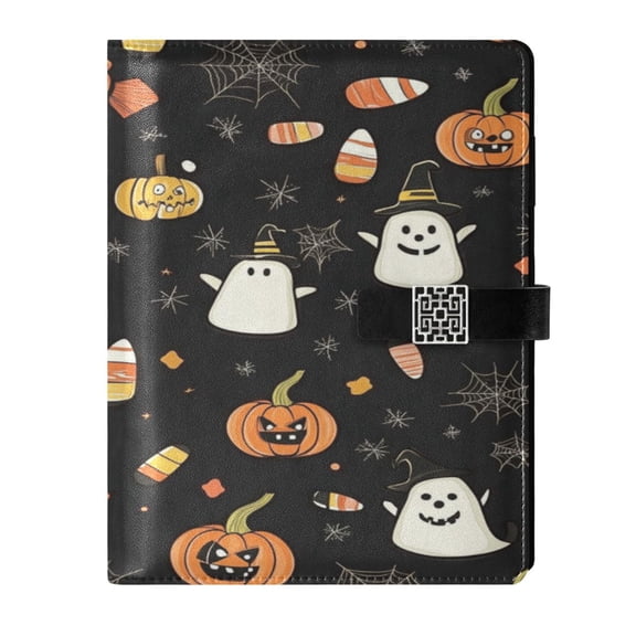 9.2x6.7 inch Leather Notebook 100 Sheets, Multi-Pocket Design & Pen Loop Halloween-themed Fabric Pattern Refillable Journal Organizer