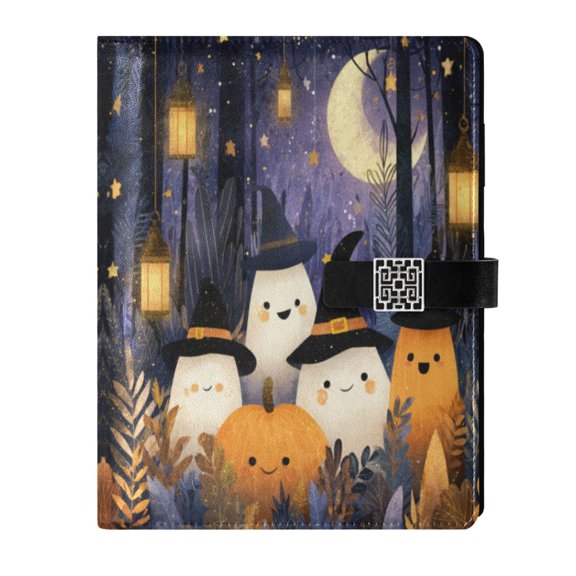9.2x6.7 inch Leather Notebook 100 Sheets, Multi-Pocket Design & Pen Loop Halloween-themed with Ghosts Refillable Journal Organizer