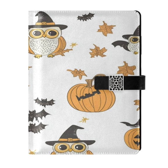 9.2x6.7 inch Leather Notebook 100 Sheets, Multi-Pocket Design & Pen Loop Hand-drawn Cute Owls Pattern Refillable Journal Organizer