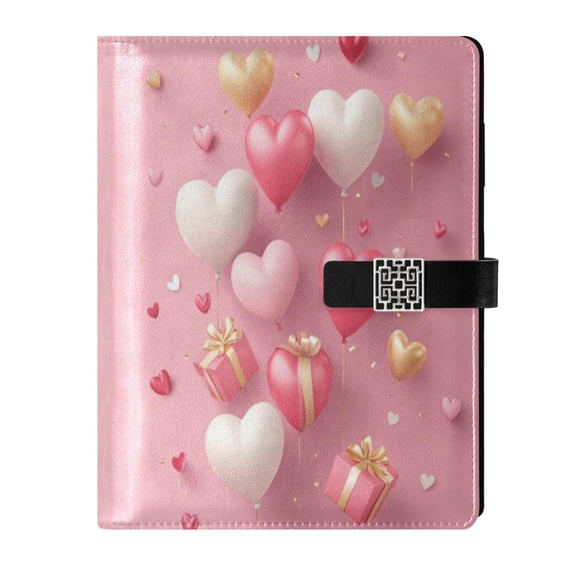 9.2x6.7 inch Leather Notebook 100 Sheets, Multi-Pocket Design & Pen Loop Hearts Balloons and Gifts Refillable Journal Organizer