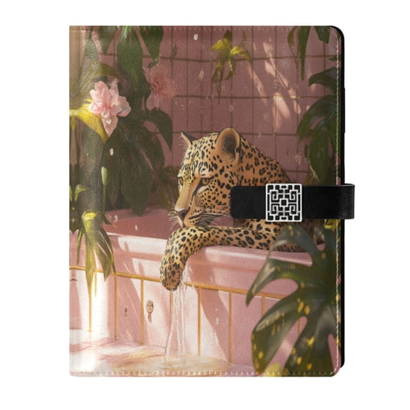 9.2x6.7 inch Leather Notebook 100 Sheets, Multi-Pocket Design & Pen Loop Leopard in The Bathtub Refillable Journal Organizer