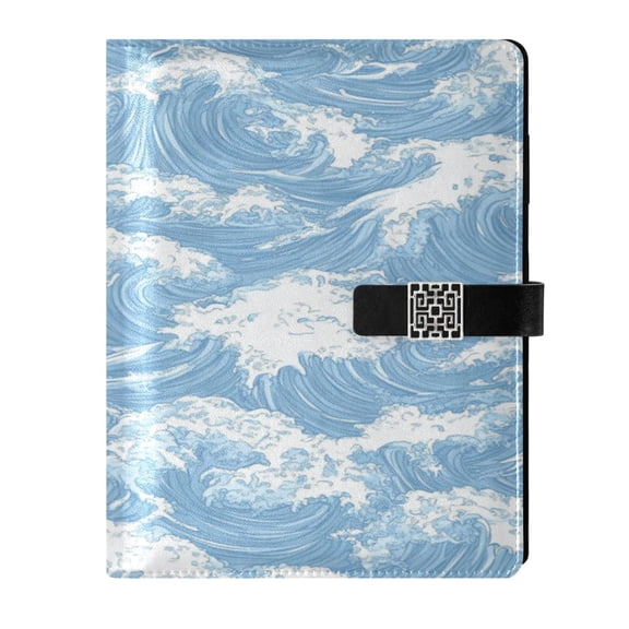 9.2x6.7 inch Leather Notebook 100 Sheets, Multi-Pocket Design & Pen Loop Light Blue Waves Pattern Refillable Journal Organizer