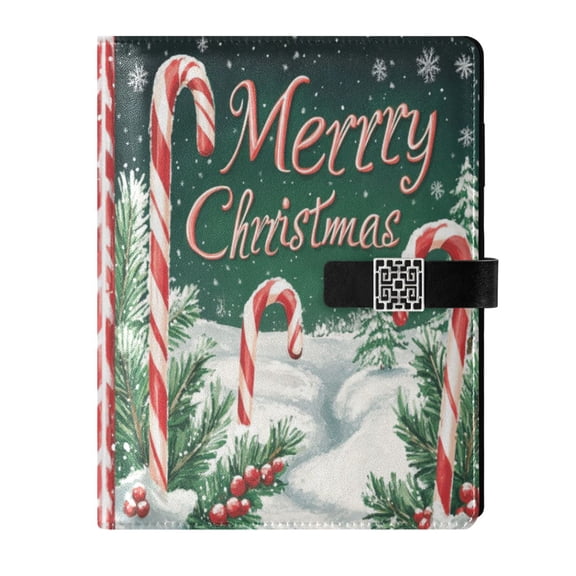 9.2x6.7 inch Leather Notebook 100 Sheets, Multi-Pocket Design & Pen Loop Merry Christmas in Green Background Refillable Journal Organizer