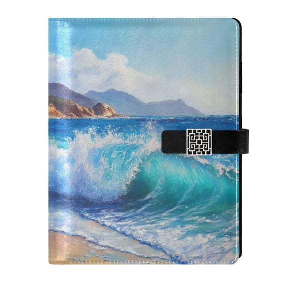 9.2x6.7 inch Leather Notebook 100 Sheets, Multi-Pocket Design & Pen Loop Ocean Waves Refillable Journal Organizer
