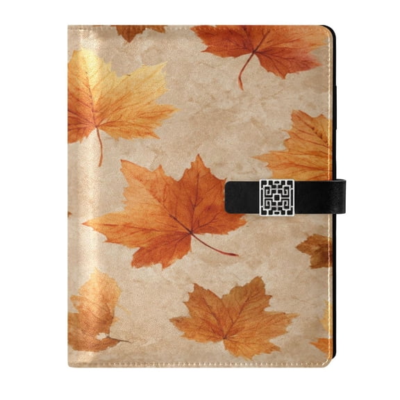 9.2x6.7 inch Leather Notebook 100 Sheets, Multi-Pocket Design & Pen Loop Orange Autumn Leaves Pattern Refillable Journal Organizer