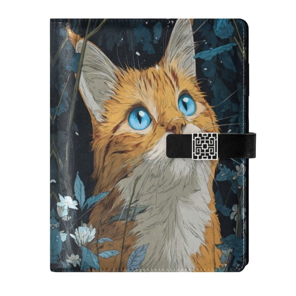 9.2x6.7 inch Leather Notebook 100 Sheets, Multi-Pocket Design & Pen Loop Orange Cat with Blue Eyes Refillable Journal Organizer