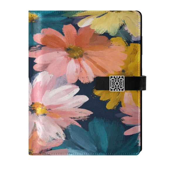 9.2x6.7 inch Leather Notebook 100 Sheets, Multi-Pocket Design & Pen Loop Oversized Daisies Refillable Journal Organizer