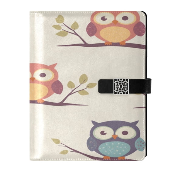9.2x6.7 inch Leather Notebook 100 Sheets, Multi-Pocket Design & Pen Loop Owl on A Branch Refillable Journal Organizer