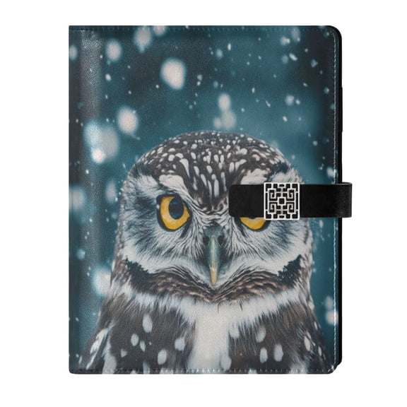 9.2x6.7 inch Leather Notebook 100 Sheets, Multi-Pocket Design & Pen Loop Owl with Piercing Yellow Eyes Refillable Journal Organizer