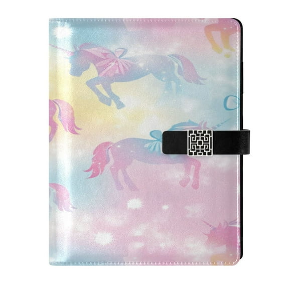 9.2x6.7 inch Leather Notebook 100 Sheets, Multi-Pocket Design & Pen Loop Pastel Unicorns and Bows Refillable Journal Organizer