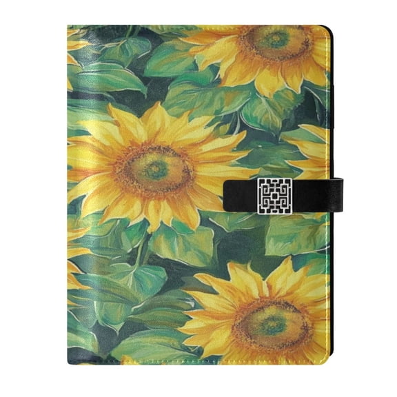 9.2x6.7 inch Leather Notebook 100 Sheets, Multi-Pocket Design & Pen Loop Pattern Of Sunflowers Refillable Journal Organizer