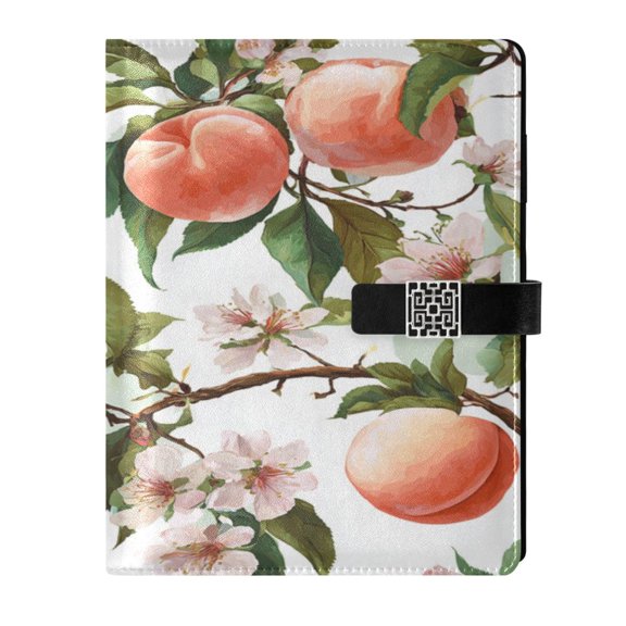 9.2x6.7 inch Leather Notebook 100 Sheets, Multi-Pocket Design & Pen Loop Peach Fruit Pattern Refillable Journal Organizer