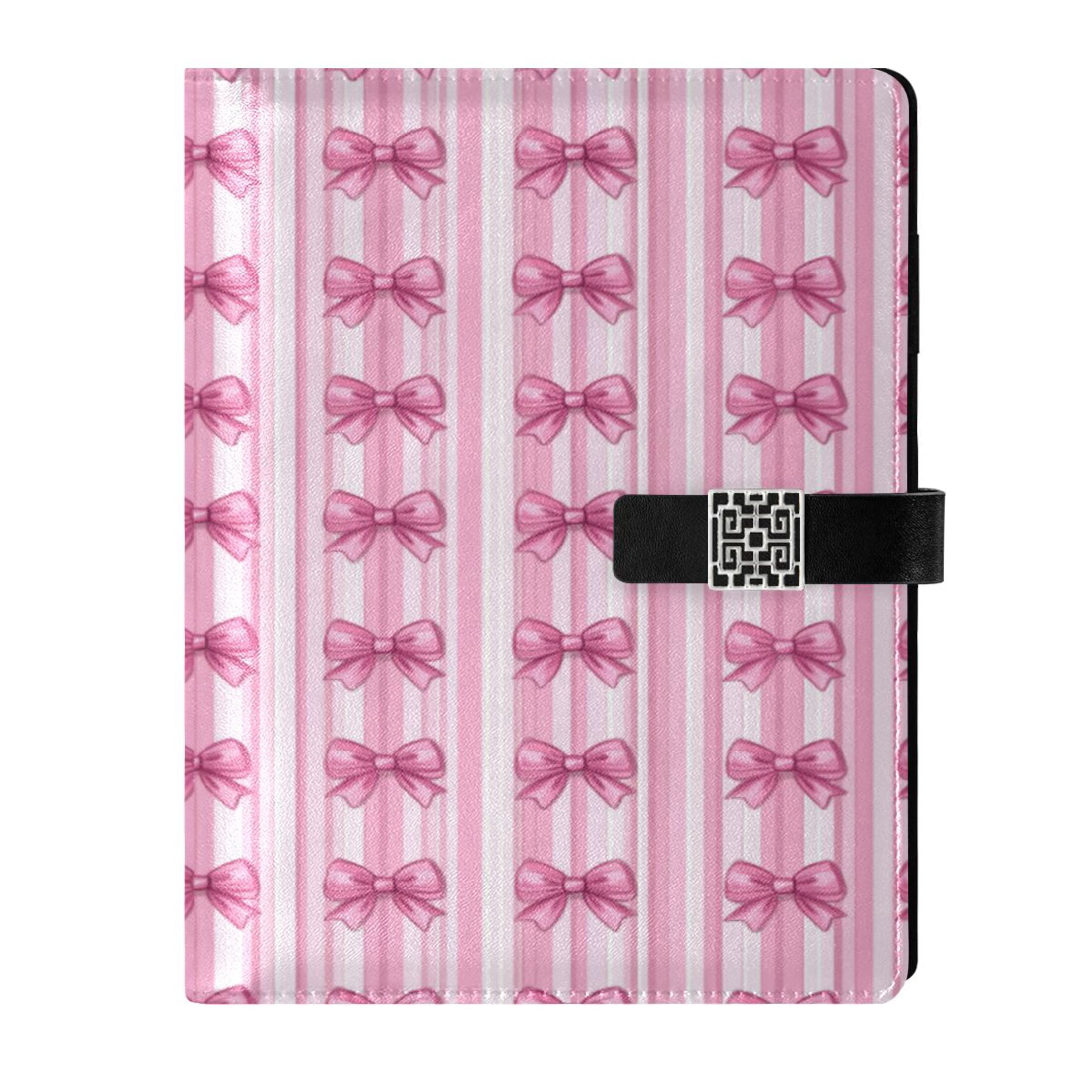 9.2x6.7 inch Leather Notebook 100 Sheets, Multi-Pocket Design & Pen Loop Pink Bows Refillable Journal Organizer