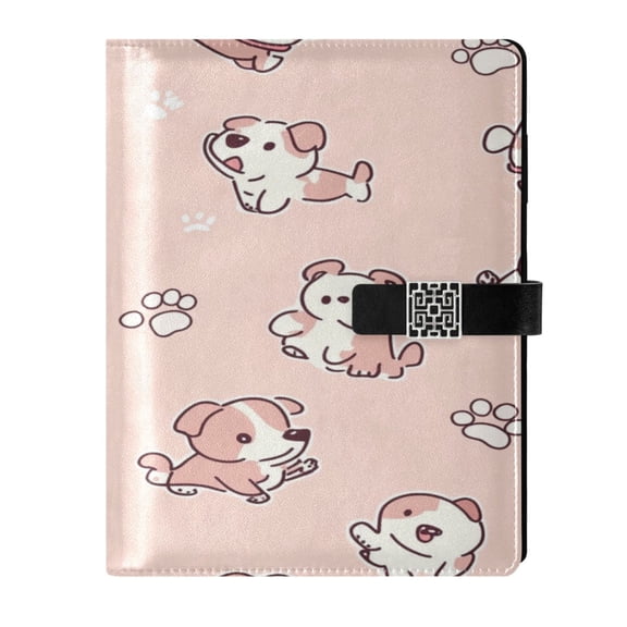 9.2x6.7 inch Leather Notebook 100 Sheets, Multi-Pocket Design & Pen Loop Pink Cartoon Puppy Refillable Journal Organizer
