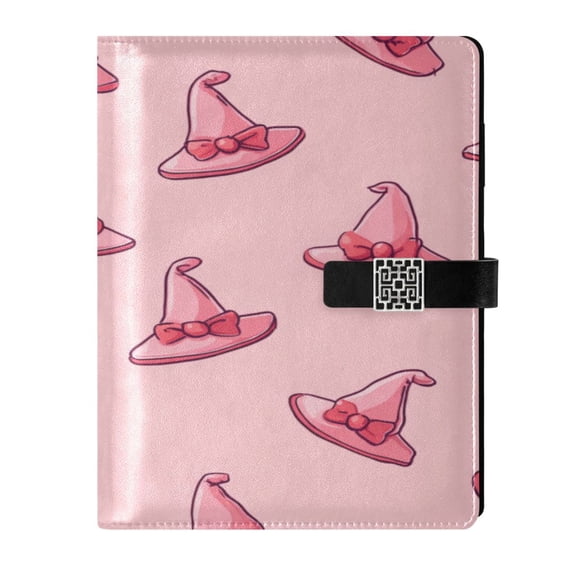 9.2x6.7 inch Leather Notebook 100 Sheets, Multi-Pocket Design & Pen Loop Pink Cartoon Witch Hats Refillable Journal Organizer