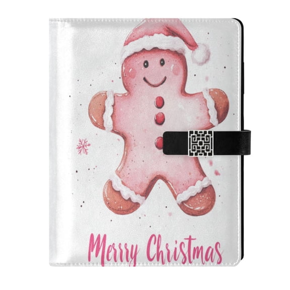 9.2x6.7 inch Leather Notebook 100 Sheets, Multi-Pocket Design & Pen Loop Pink Christmas Gingerbread Man Refillable Journal Organizer