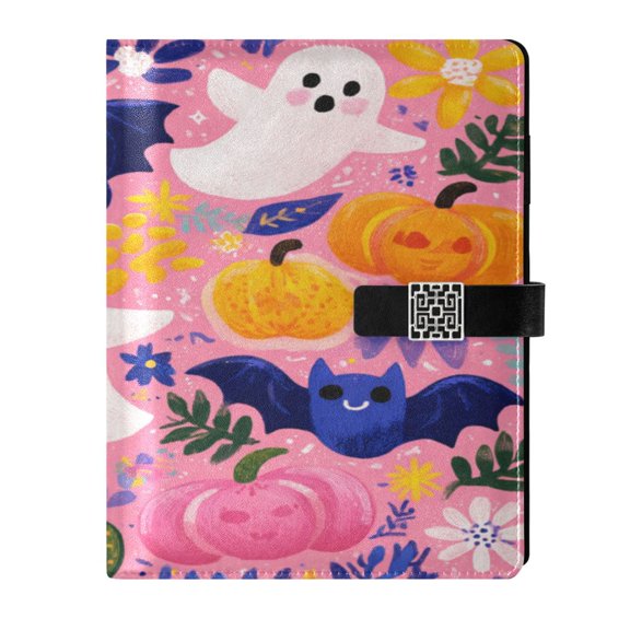 9.2x6.7 inch Leather Notebook 100 Sheets, Multi-Pocket Design & Pen Loop Pink Cute Halloween Ghosts Pattern Refillable Journal Organizer