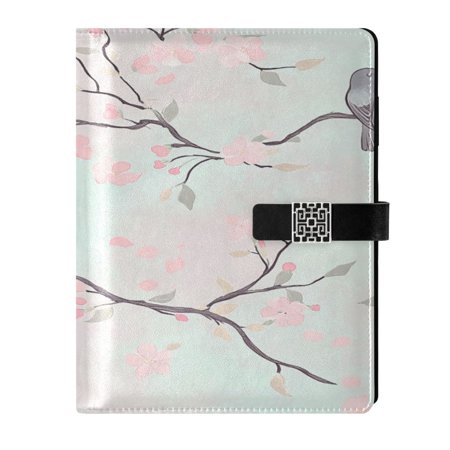 9.2x6.7 inch Leather Notebook 100 Sheets, Multi-Pocket Design & Pen Loop Pink Flower and Gray Bird Refillable Journal Organizer