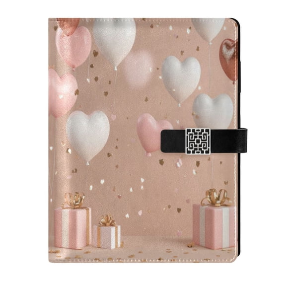 9.2x6.7 inch Leather Notebook 100 Sheets, Multi-Pocket Design & Pen Loop Pink Hearts Balloons Refillable Journal Organizer