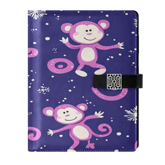 9.2x6.7 inch Leather Notebook 100 Sheets, Multi-Pocket Design & Pen Loop Pink Monkey Pattern Refillable Journal Organizer