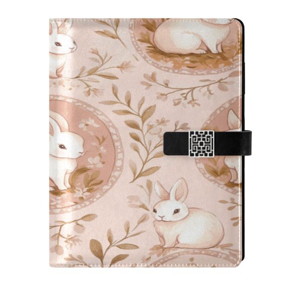 9.2x6.7 inch Leather Notebook 100 Sheets, Multi-Pocket Design & Pen Loop Pink and Peach Rabbits Refillable Journal Organizer