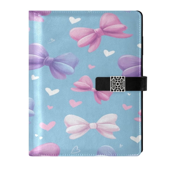 9.2x6.7 inch Leather Notebook 100 Sheets, Multi-Pocket Design & Pen Loop Pink and Purple Bows Refillable Journal Organizer