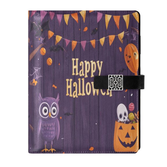 9.2x6.7 inch Leather Notebook 100 Sheets, Multi-Pocket Design & Pen Loop Purple Owl and Halloween Pattern Refillable Journal Organizer