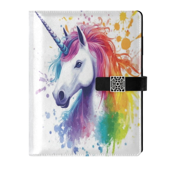 9.2x6.7 inch Leather Notebook 100 Sheets, Multi-Pocket Design & Pen Loop Rainbow-colored Unicorn Refillable Journal Organizer