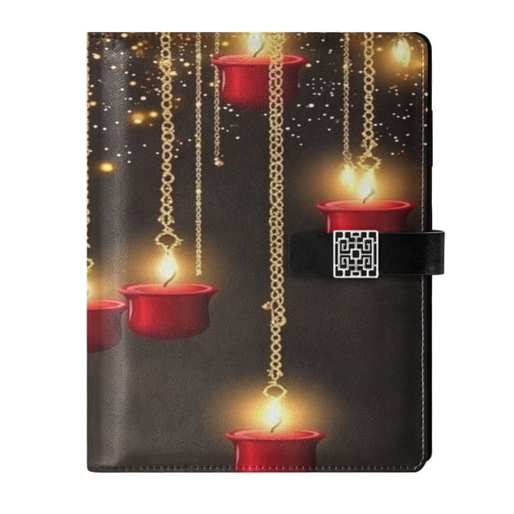 9.2x6.7 inch Leather Notebook 100 Sheets, Multi-Pocket Design & Pen Loop Red Candles and Golden Chains Refillable Journal Organizer