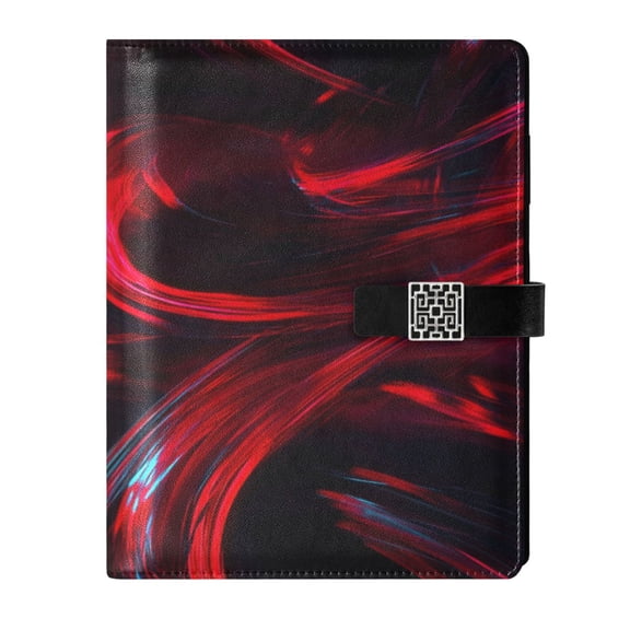 9.2x6.7 inch Leather Notebook 100 Sheets, Multi-Pocket Design & Pen Loop Red and Black Neon Lights Refillable Journal Organizer