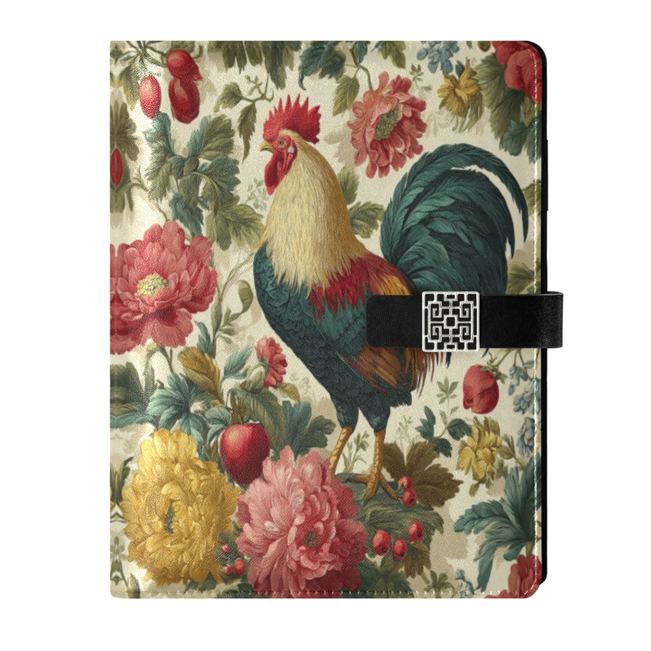 9.2x6.7 inch Leather Notebook 100 Sheets, Multi-Pocket Design & Pen Loop Rooster and Vintage Floral Refillable Journal Organizer