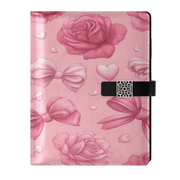 9.2x6.7 inch Leather Notebook 100 Sheets, Multi-Pocket Design & Pen Loop Roses and Bows Pattern Refillable Journal Organizer