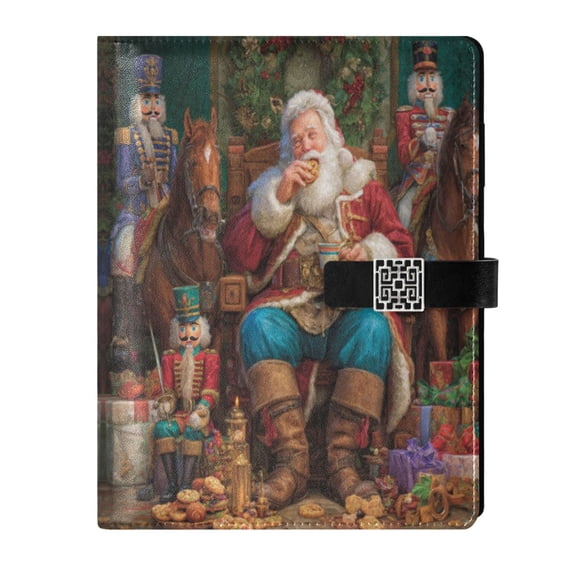 9.2x6.7 inch Leather Notebook 100 Sheets, Multi-Pocket Design & Pen Loop Santa Eating Cookies Refillable Journal Organizer