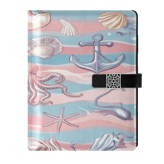 9.2x6.7 inch Leather Notebook 100 Sheets, Multi-Pocket Design & Pen Loop Sea Life Elements Refillable Journal Organizer