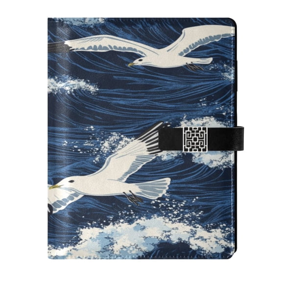 9.2x6.7 inch Leather Notebook 100 Sheets, Multi-Pocket Design & Pen Loop Seagulls Flying Waves Refillable Journal Organizer