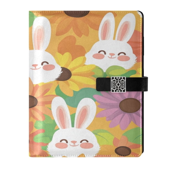 9.2x6.7 inch Leather Notebook 100 Sheets, Multi-Pocket Design & Pen Loop Smiling Bunnies with Sunflowers Refillable Journal Organizer