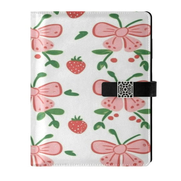 9.2x6.7 inch Leather Notebook 100 Sheets, Multi-Pocket Design & Pen Loop Strawberry Bow Pattern Refillable Journal Organizer