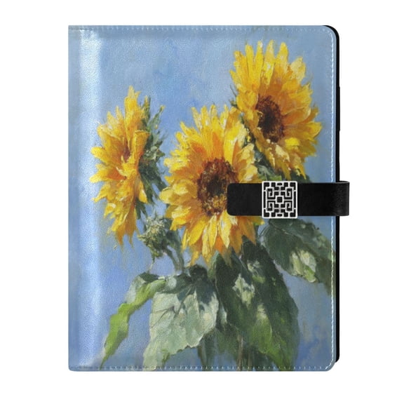 9.2x6.7 inch Leather Notebook 100 Sheets, Multi-Pocket Design & Pen Loop Sunflowers Painting Refillable Journal Organizer