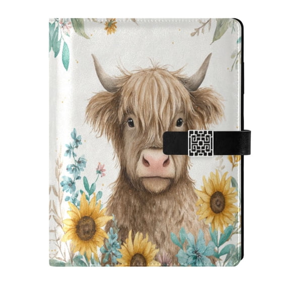 9.2x6.7 inch Leather Notebook 100 Sheets, Multi-Pocket Design & Pen Loop Sunflowers and Highland Cow Refillable Journal Organizer