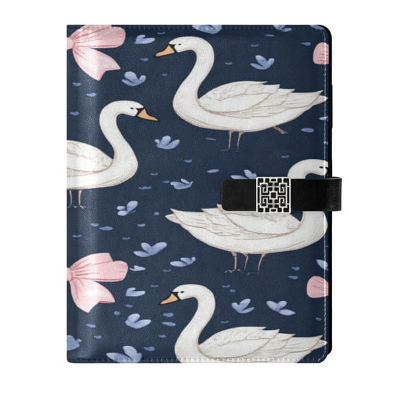 9.2x6.7 inch Leather Notebook 100 Sheets, Multi-Pocket Design & Pen Loop Swans and Pink Bows Refillable Journal Organizer