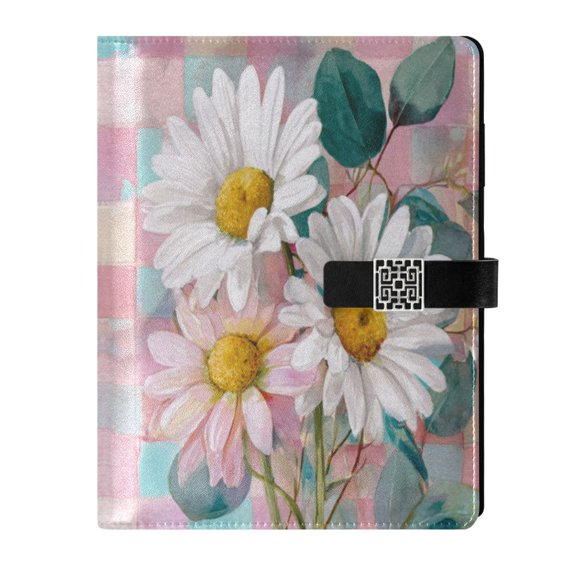 9.2x6.7 inch Leather Notebook 100 Sheets, Multi-Pocket Design & Pen Loop Three Large White Daisies Refillable Journal Organizer