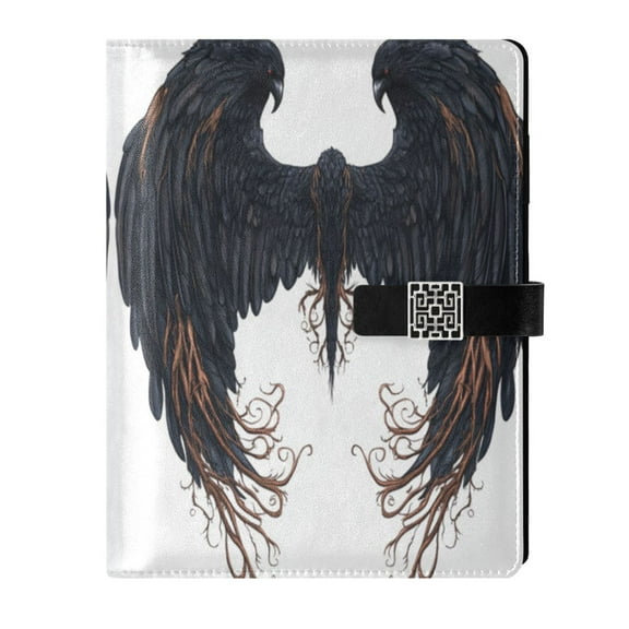 9.2x6.7 inch Leather Notebook 100 Sheets, Multi-Pocket Design & Pen Loop Two Black Raven Wings Refillable Journal Organizer