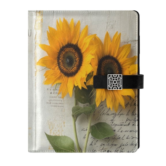 9.2x6.7 inch Leather Notebook 100 Sheets, Multi-Pocket Design & Pen Loop Two Sunflowers Refillable Journal Organizer