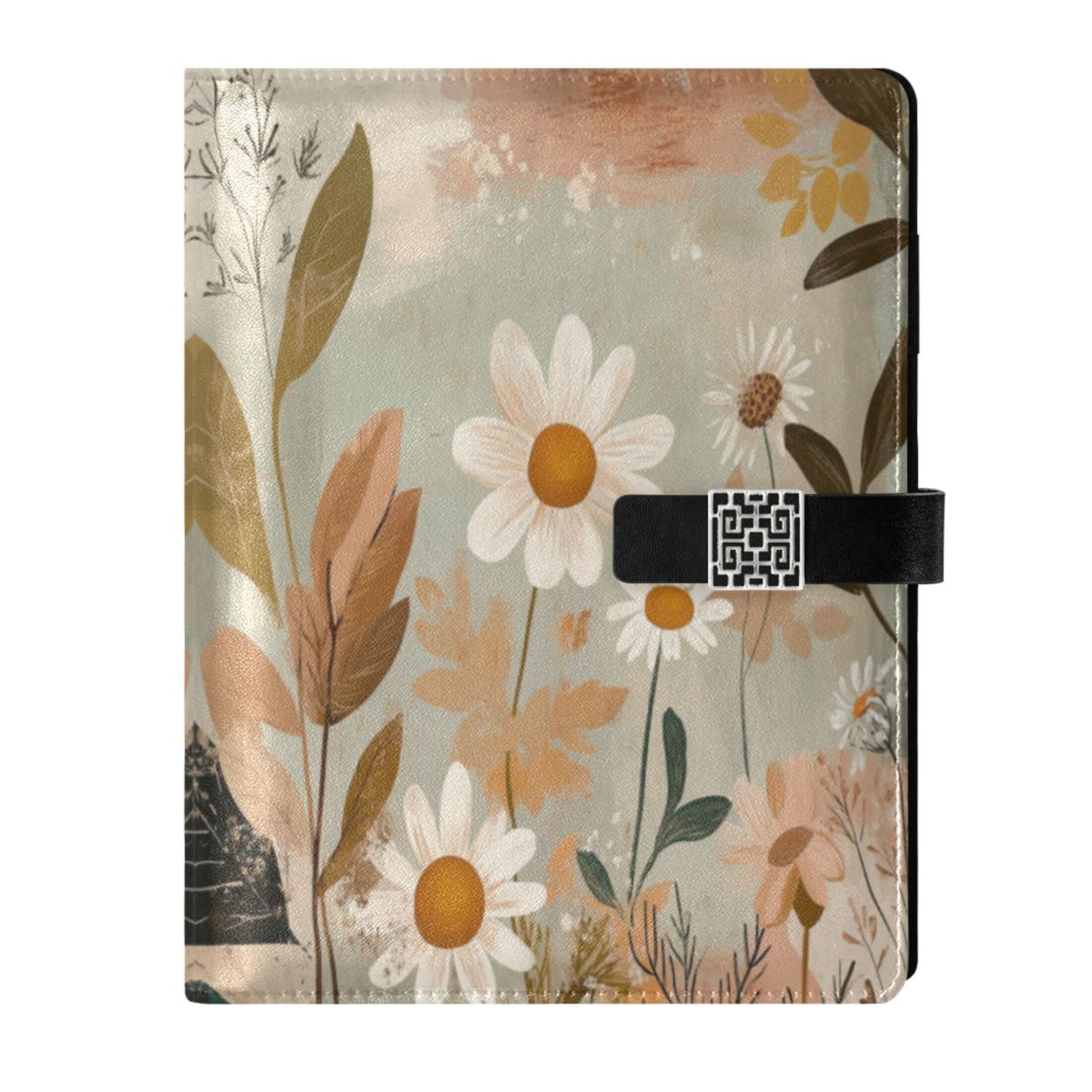 9.2x6.7 inch Leather Notebook 100 Sheets, Multi-Pocket Design & Pen Loop Vintage Flowers Refillable Journal Organizer