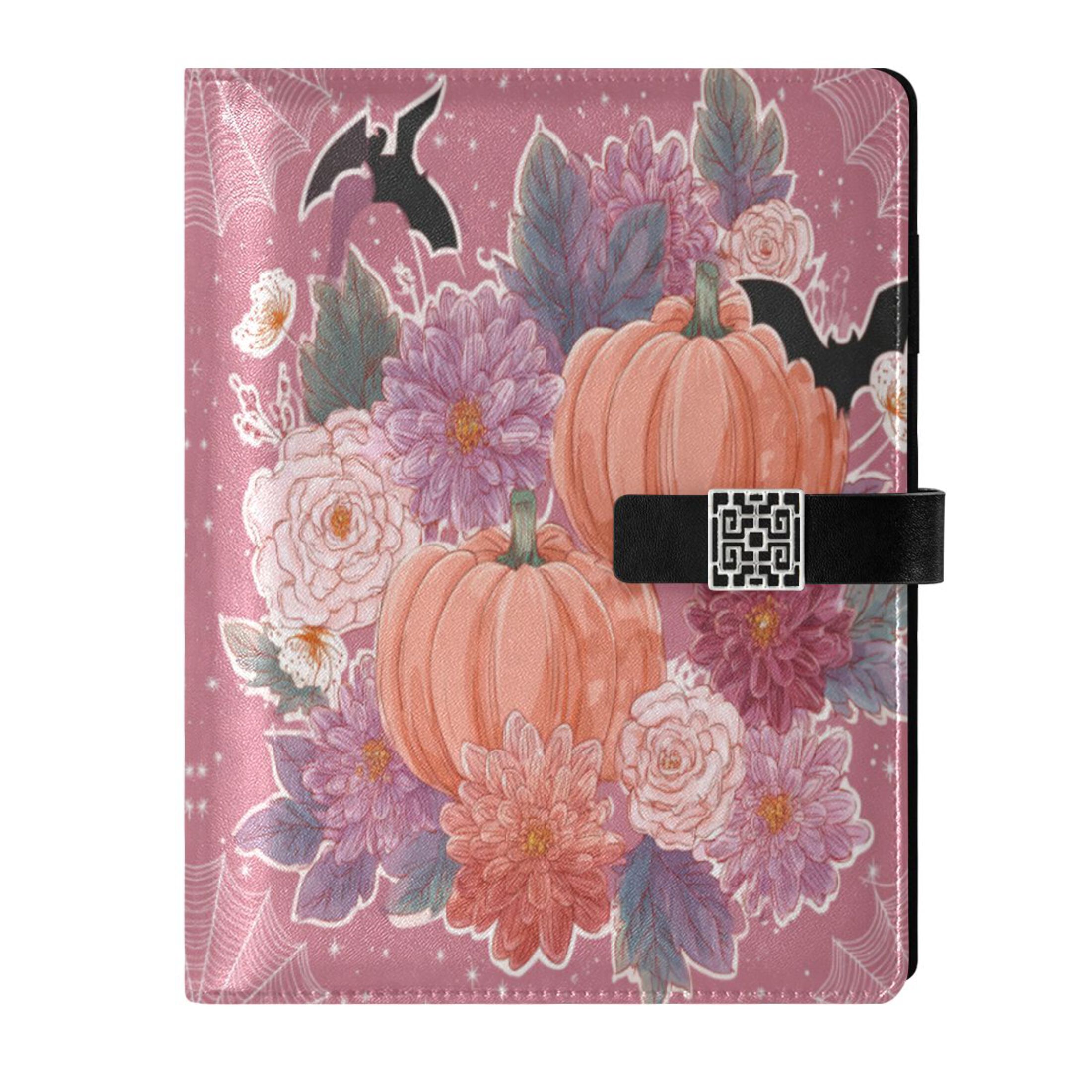 9.2x6.7 inch Leather Notebook 100 Sheets, Multi-Pocket Design & Pen Loop Vintage Flowers and Pumpkins Refillable Journal Organizer