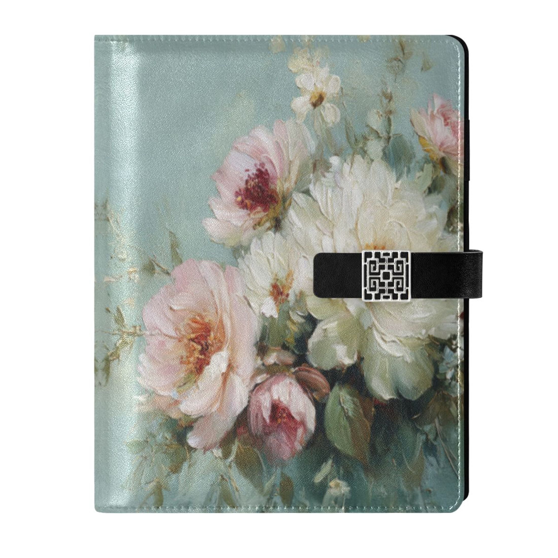 9.2x6.7 inch Leather Notebook 100 Sheets, Multi-Pocket Design & Pen Loop Vintage Peonies and Daisies Refillable Journal Organizer