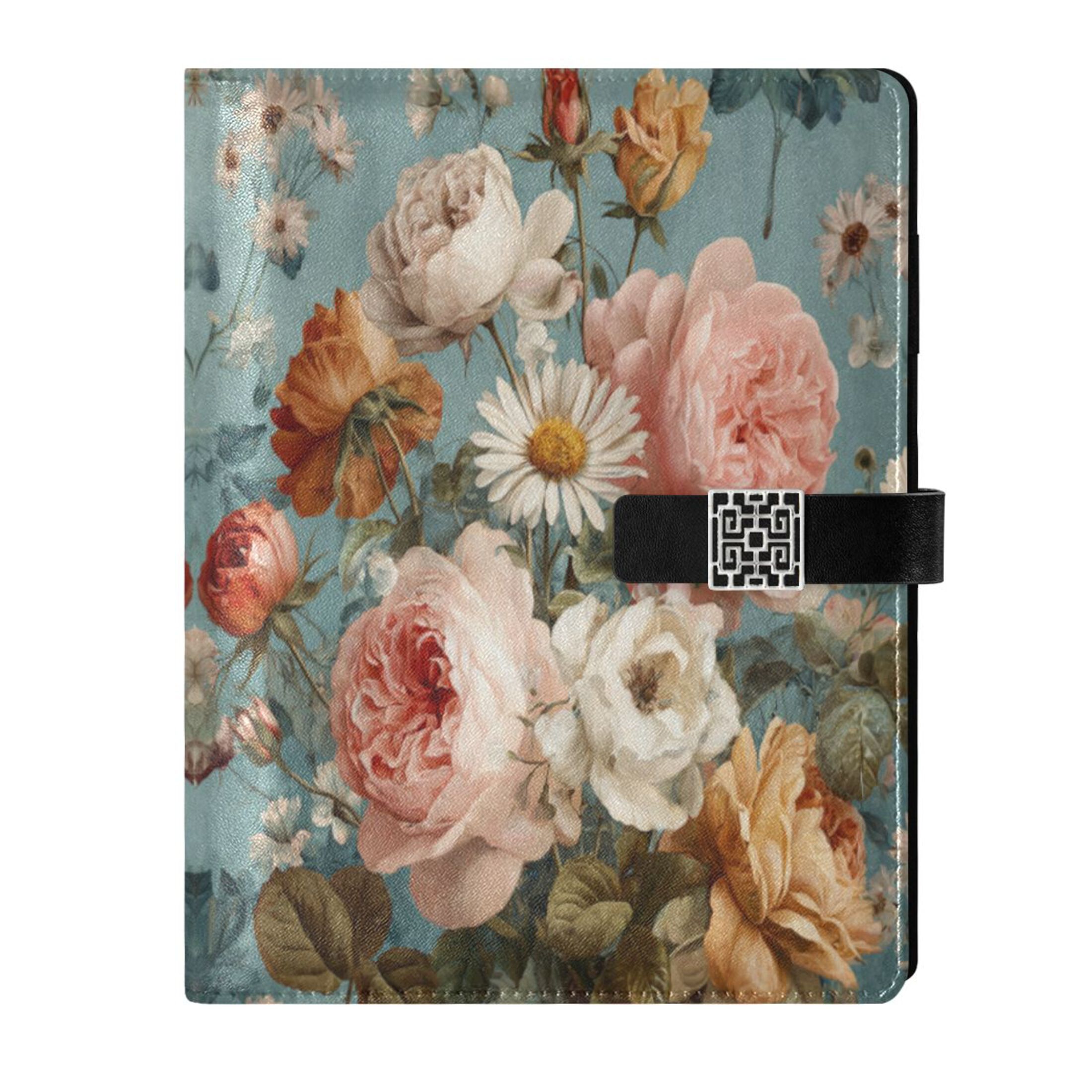 9.2x6.7 inch Leather Notebook 100 Sheets, Multi-Pocket Design & Pen Loop Vintage Roses and Peonies Refillable Journal Organizer