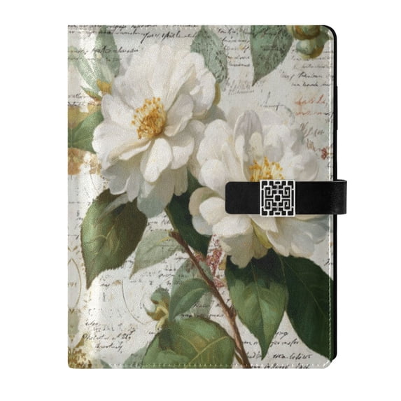 9.2x6.7 inch Leather Notebook 100 Sheets, Multi-Pocket Design & Pen Loop Vintage White Camellias Refillable Journal Organizer